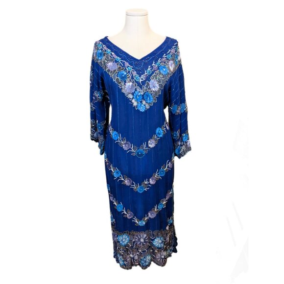 Vintage 70s Painted & Beaded Chiffon Dress from Germany Formal Prom Gown Sz L - Picture 2 of 16